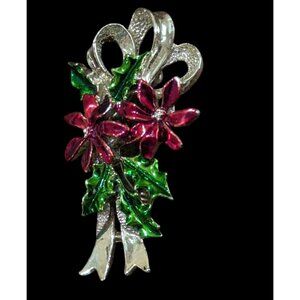 Vintage‎ Christmas Floral Brooch Pin With Red Poinsettia & Green Holly